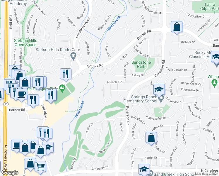 map of restaurants, bars, coffee shops, grocery stores, and more near 4370 Thornbury Way in Colorado Springs