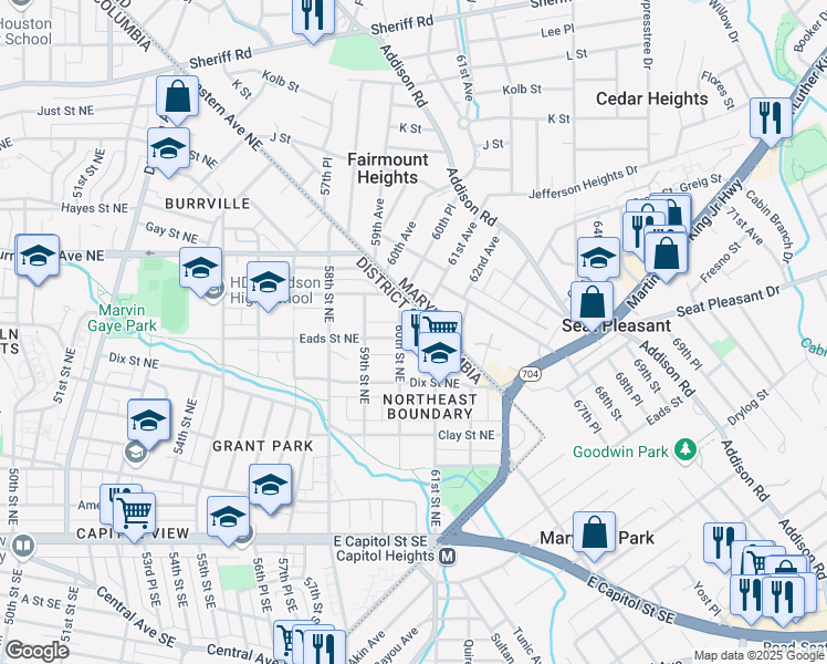 map of restaurants, bars, coffee shops, grocery stores, and more near 101 Independence Avenue Southeast in Washington