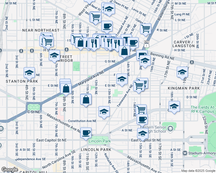 map of restaurants, bars, coffee shops, grocery stores, and more near 101 Independence Avenue Southeast in Washington