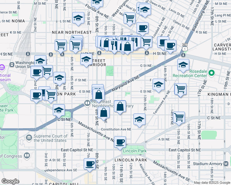 map of restaurants, bars, coffee shops, grocery stores, and more near 101 Independence Avenue Southeast in Washington