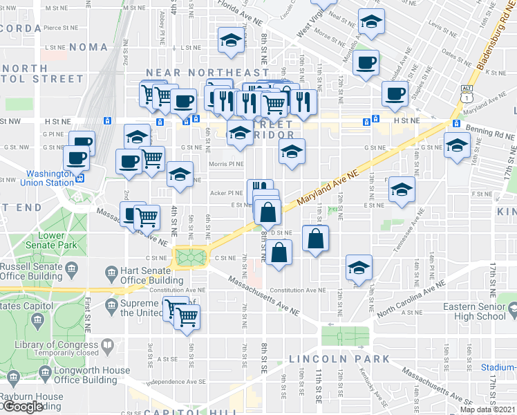 map of restaurants, bars, coffee shops, grocery stores, and more near 101 Independence Avenue Southeast in Washington