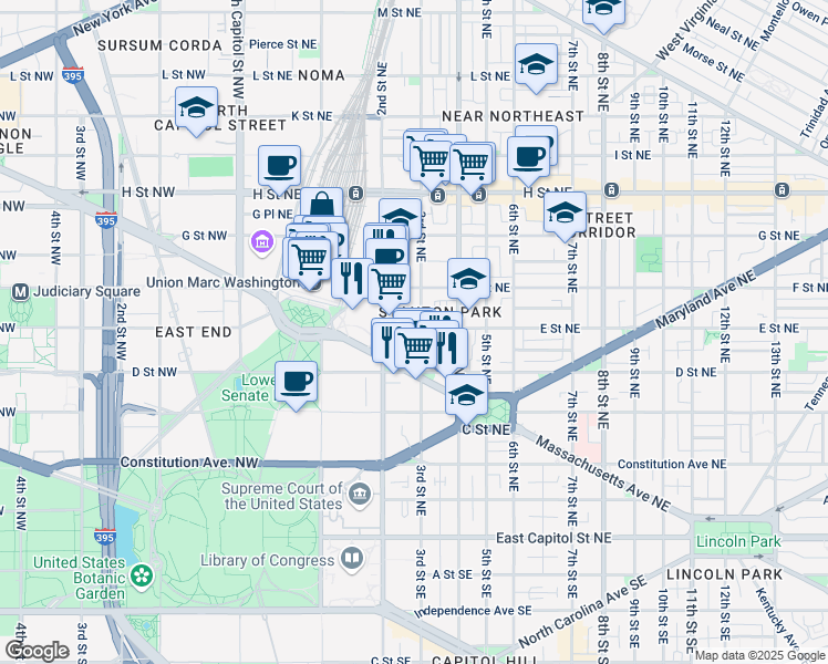 map of restaurants, bars, coffee shops, grocery stores, and more near 101 Independence Avenue Southeast in Washington