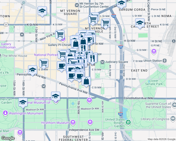 map of restaurants, bars, coffee shops, grocery stores, and more near 101 Independence Avenue Southeast in Washington