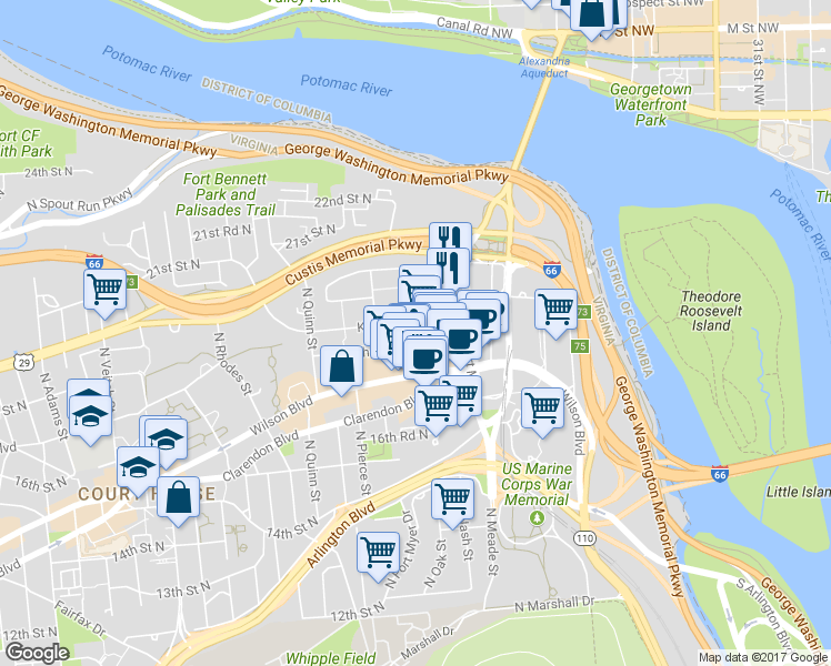 map of restaurants, bars, coffee shops, grocery stores, and more near 1800 Wilson Boulevard in Arlington