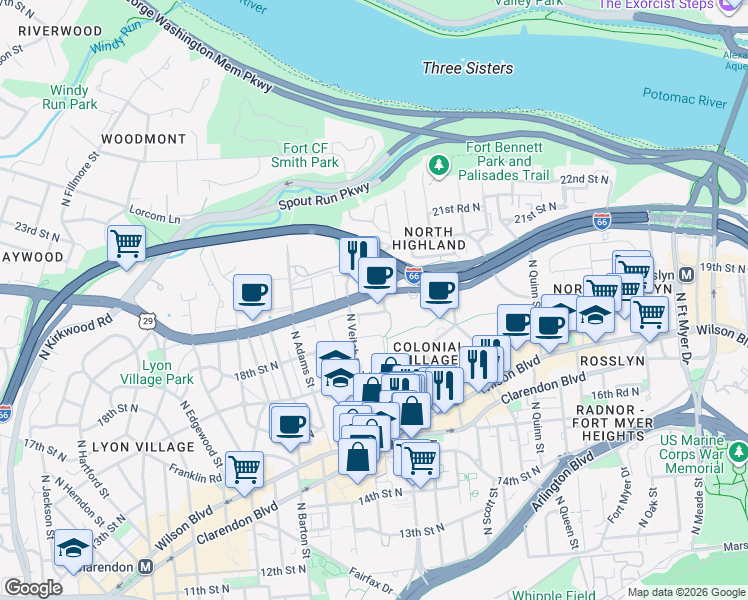 map of restaurants, bars, coffee shops, grocery stores, and more near 101 Independence Avenue Southeast in Washington