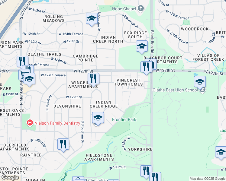 map of restaurants, bars, coffee shops, grocery stores, and more near 12805 South Seminole Drive in Olathe