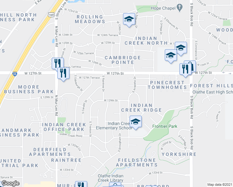 map of restaurants, bars, coffee shops, grocery stores, and more near 15907 West 127th Street in Olathe