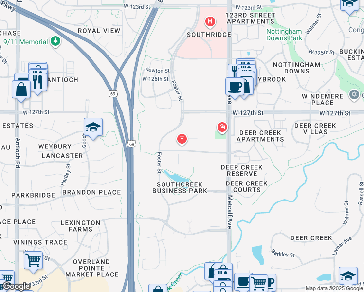 map of restaurants, bars, coffee shops, grocery stores, and more near 7400 West 129th Street in Overland Park