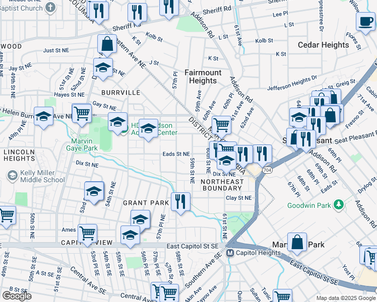 map of restaurants, bars, coffee shops, grocery stores, and more near 5818 Eads Street Northeast in Washington