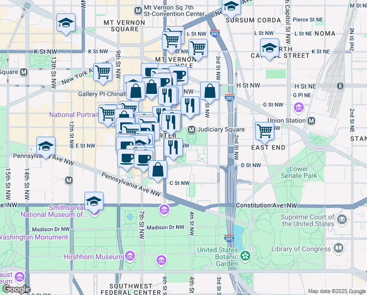 map of restaurants, bars, coffee shops, grocery stores, and more near 450 E Street NW in Washington