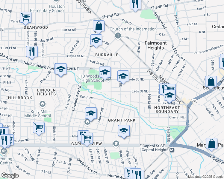 map of restaurants, bars, coffee shops, grocery stores, and more near 5500 Eads Street Northeast in Washington
