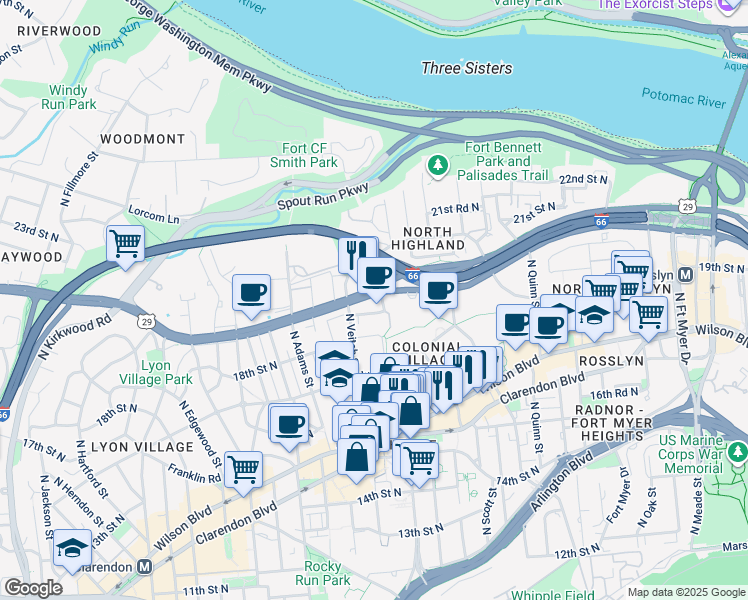 map of restaurants, bars, coffee shops, grocery stores, and more near 101 Independence Avenue Southeast in Washington