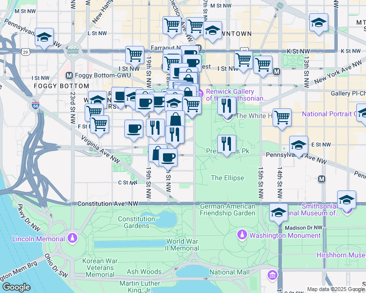 map of restaurants, bars, coffee shops, grocery stores, and more near 101 Independence Avenue Southeast in Washington