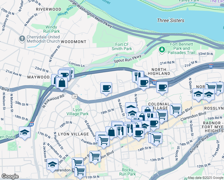 map of restaurants, bars, coffee shops, grocery stores, and more near 2000 North Adams Street in Arlington
