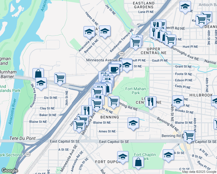 map of restaurants, bars, coffee shops, grocery stores, and more near 4020 Minnesota Avenue Northeast in Washington