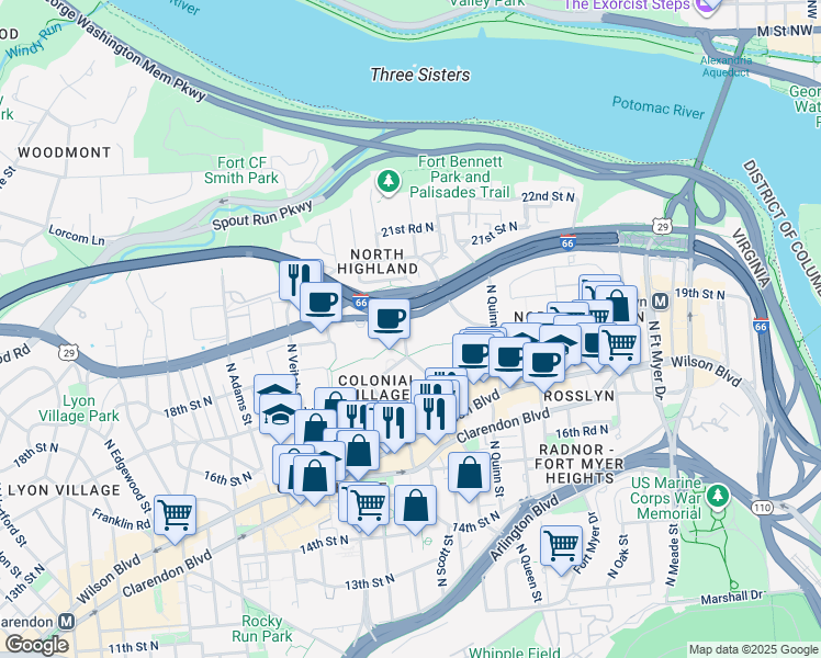 map of restaurants, bars, coffee shops, grocery stores, and more near 1913 North Rhodes Street in Arlington