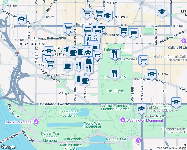 map of restaurants, bars, coffee shops, grocery stores, and more near 1700 New York Avenue Northwest in Washington