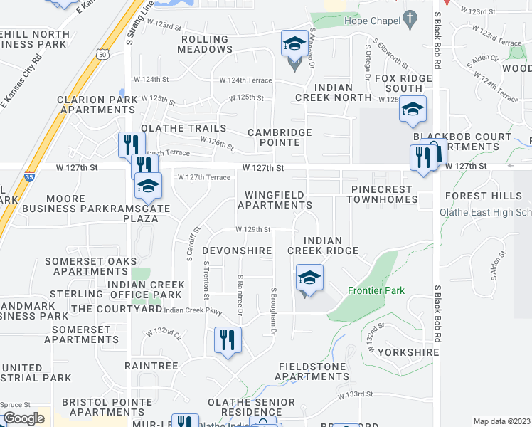 map of restaurants, bars, coffee shops, grocery stores, and more near 15905 West 127th Street in Olathe