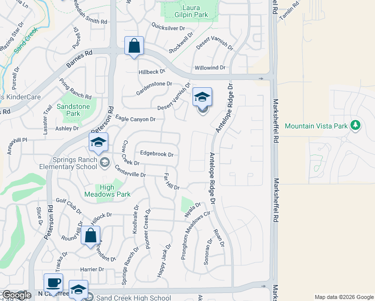 map of restaurants, bars, coffee shops, grocery stores, and more near 4439 Canteen Trail in Colorado Springs
