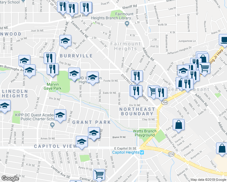 map of restaurants, bars, coffee shops, grocery stores, and more near 5804 Eads Street Northeast in Washington