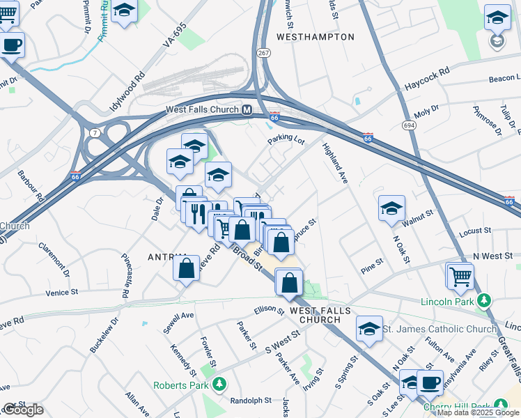 map of restaurants, bars, coffee shops, grocery stores, and more near 7035 Haycock Road in Falls Church