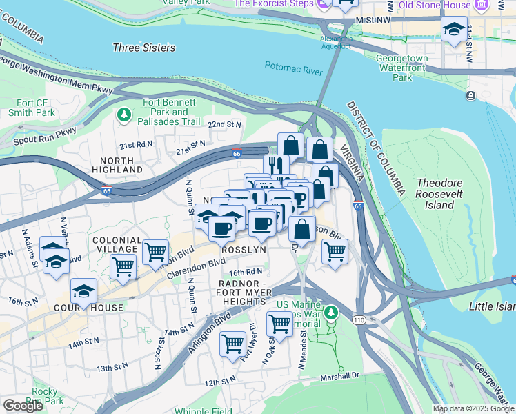 map of restaurants, bars, coffee shops, grocery stores, and more near 1800 North Oak Street in Arlington