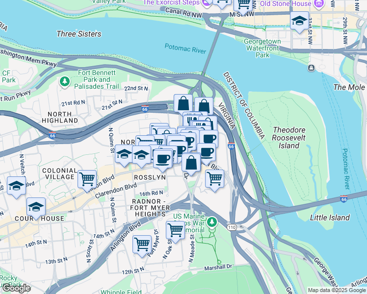 map of restaurants, bars, coffee shops, grocery stores, and more near 2159 Fort Myer Drive in Arlington