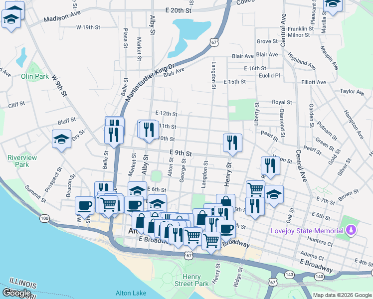 map of restaurants, bars, coffee shops, grocery stores, and more near 907 George Street in Alton