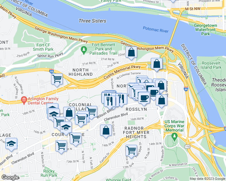 map of restaurants, bars, coffee shops, grocery stores, and more near Key Boulevard & North Quinn Street in Arlington