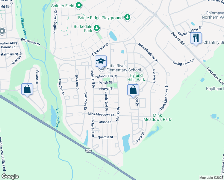 map of restaurants, bars, coffee shops, grocery stores, and more near 43491 Interval Street in Chantilly