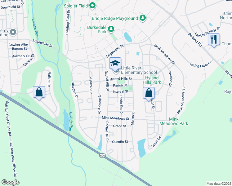 map of restaurants, bars, coffee shops, grocery stores, and more near 43457 Interval Street in Chantilly