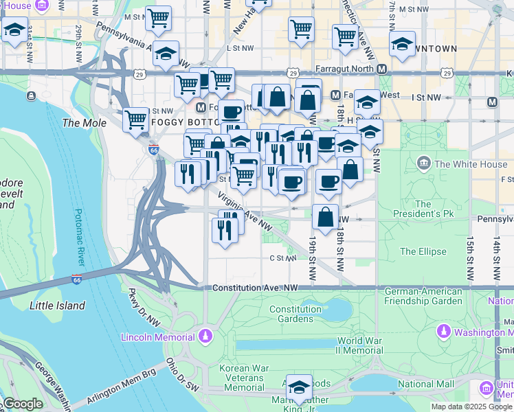 map of restaurants, bars, coffee shops, grocery stores, and more near 101 Independence Avenue Southeast in Washington