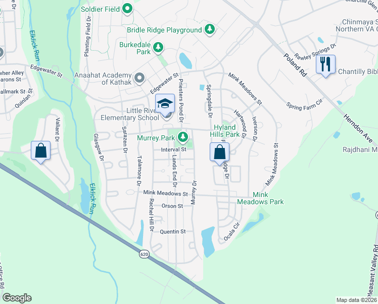 map of restaurants, bars, coffee shops, grocery stores, and more near 43501 Interval Street in Chantilly