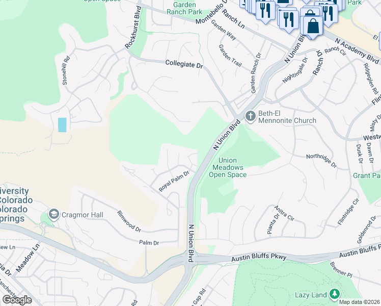 map of restaurants, bars, coffee shops, grocery stores, and more near 2446 Blazek Loop in Colorado Springs
