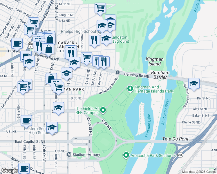 map of restaurants, bars, coffee shops, grocery stores, and more near 101 Independence Avenue Southeast in Washington