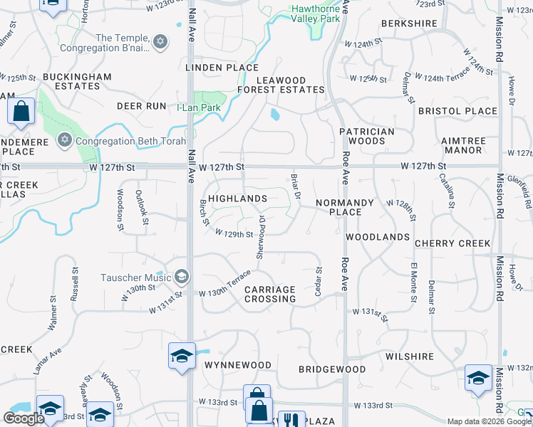 map of restaurants, bars, coffee shops, grocery stores, and more near 5009 West 128th Street in Leawood