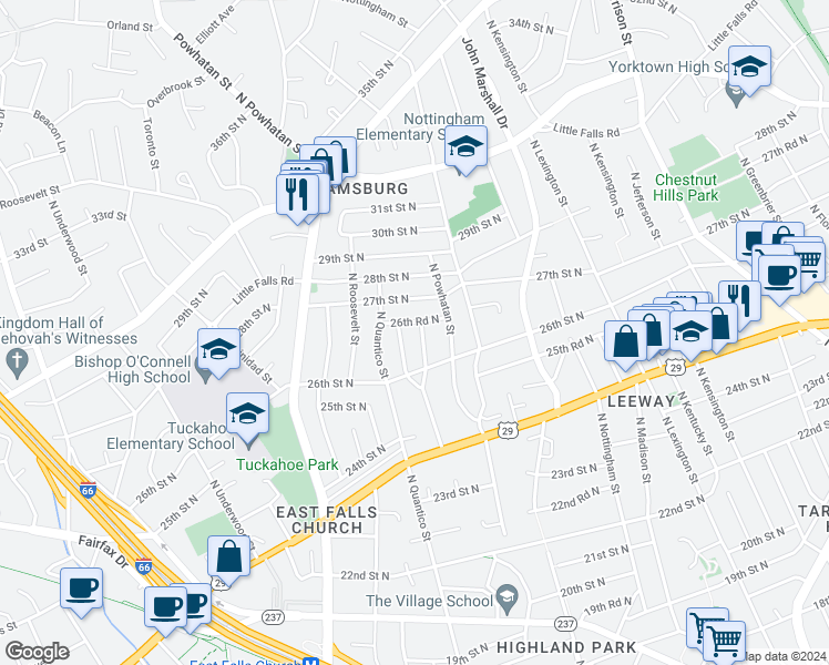 map of restaurants, bars, coffee shops, grocery stores, and more near 2628 North Potomac Street in Arlington