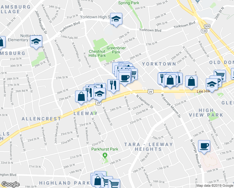 map of restaurants, bars, coffee shops, grocery stores, and more near 5539 Lee Highway in Arlington