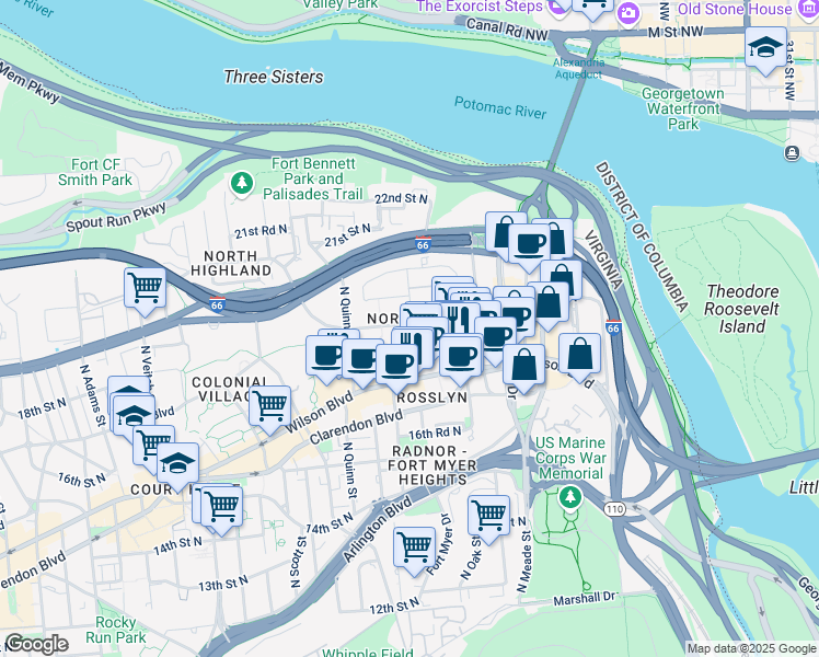 map of restaurants, bars, coffee shops, grocery stores, and more near 1530 Key Boulevard in Arlington