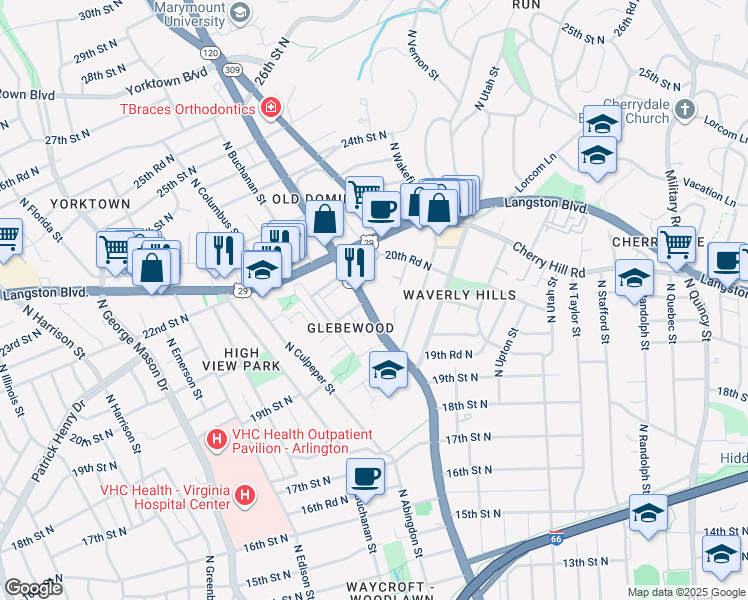 map of restaurants, bars, coffee shops, grocery stores, and more near 2103 North Glebe Road in Arlington