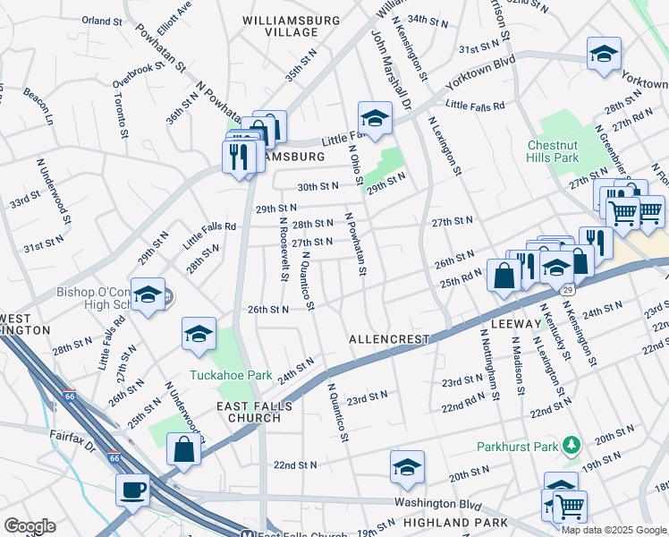 map of restaurants, bars, coffee shops, grocery stores, and more near 2628 North Potomac Street in Arlington
