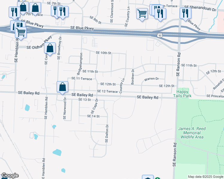 map of restaurants, bars, coffee shops, grocery stores, and more near 921 Southeast 12th Street in Lee's Summit