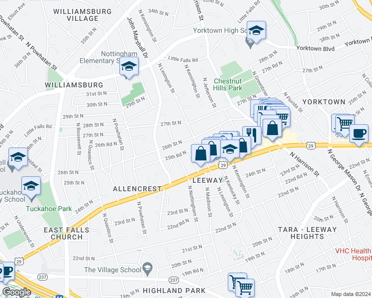 map of restaurants, bars, coffee shops, grocery stores, and more near 5821 25th Road North in Arlington