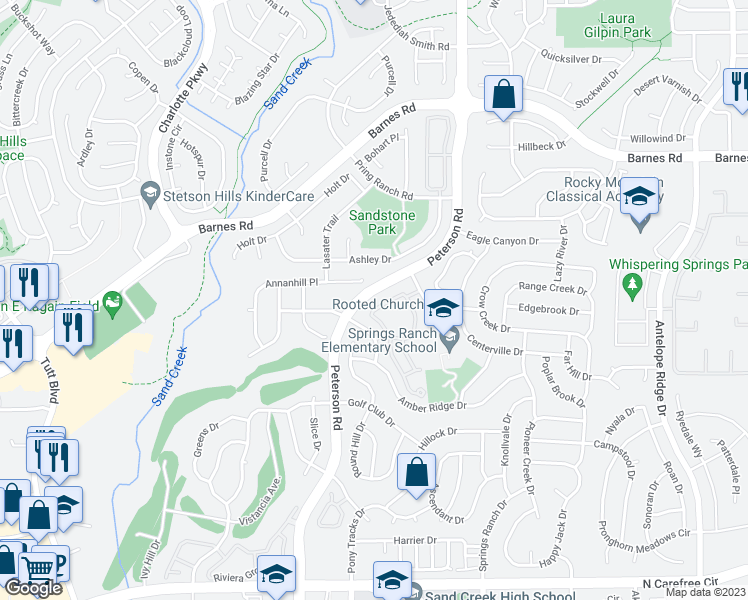 map of restaurants, bars, coffee shops, grocery stores, and more near 7024 Ash Creek Heights in Colorado Springs