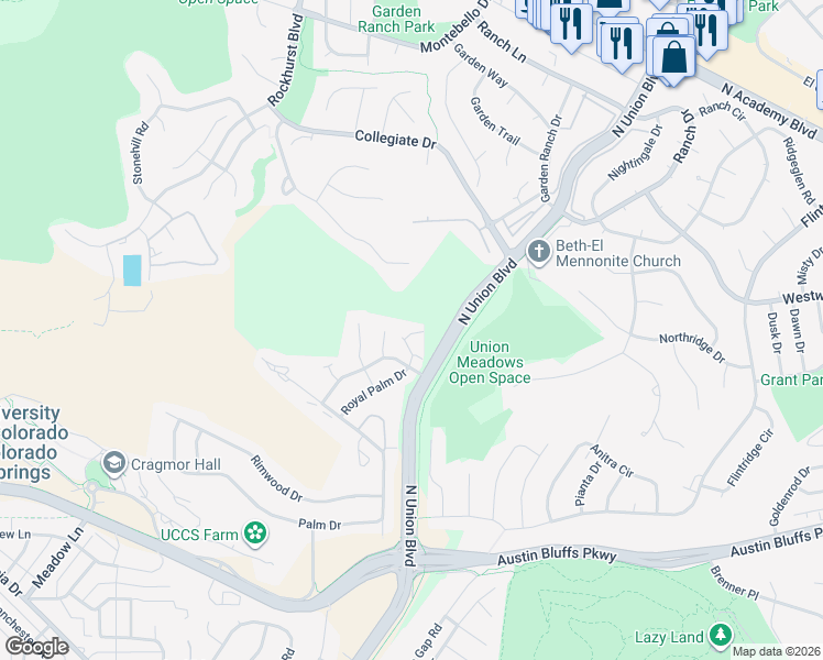 map of restaurants, bars, coffee shops, grocery stores, and more near 2446 Blazek Loop in Colorado Springs