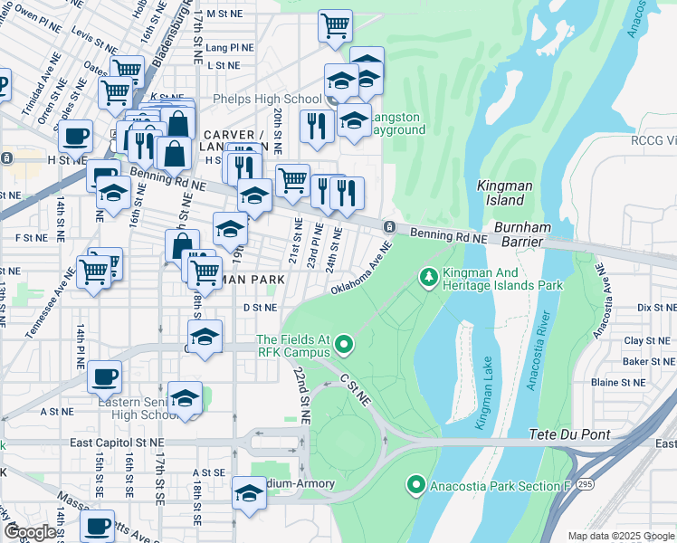 map of restaurants, bars, coffee shops, grocery stores, and more near 101 Independence Avenue Southeast in Washington