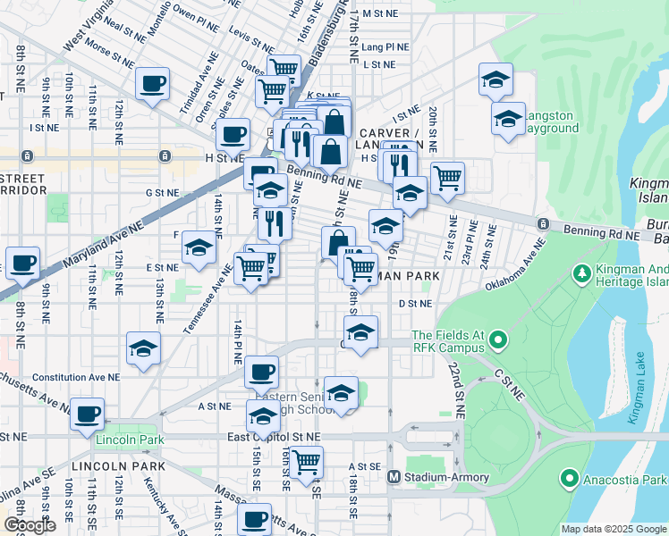 map of restaurants, bars, coffee shops, grocery stores, and more near 101 Independence Avenue Southeast in Washington