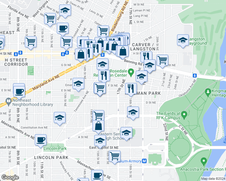 map of restaurants, bars, coffee shops, grocery stores, and more near 101 Independence Avenue Southeast in Washington