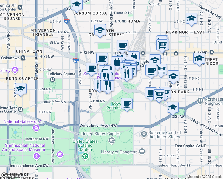 map of restaurants, bars, coffee shops, grocery stores, and more near 101 Independence Avenue Southeast in Washington