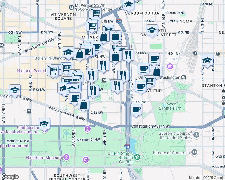 map of restaurants, bars, coffee shops, grocery stores, and more near 101 Independence Avenue Southeast in Washington